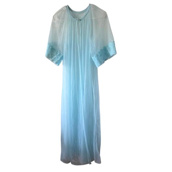 Vintage Large Blue Long Chiffon Nylon PEIGNOIR Nightgown Robe Sheer Lace - Picture 1 of 5
